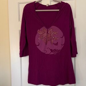 Pink Lotus V-Neck Long Sleeve Top in Magenta Embellished Floral Graphic